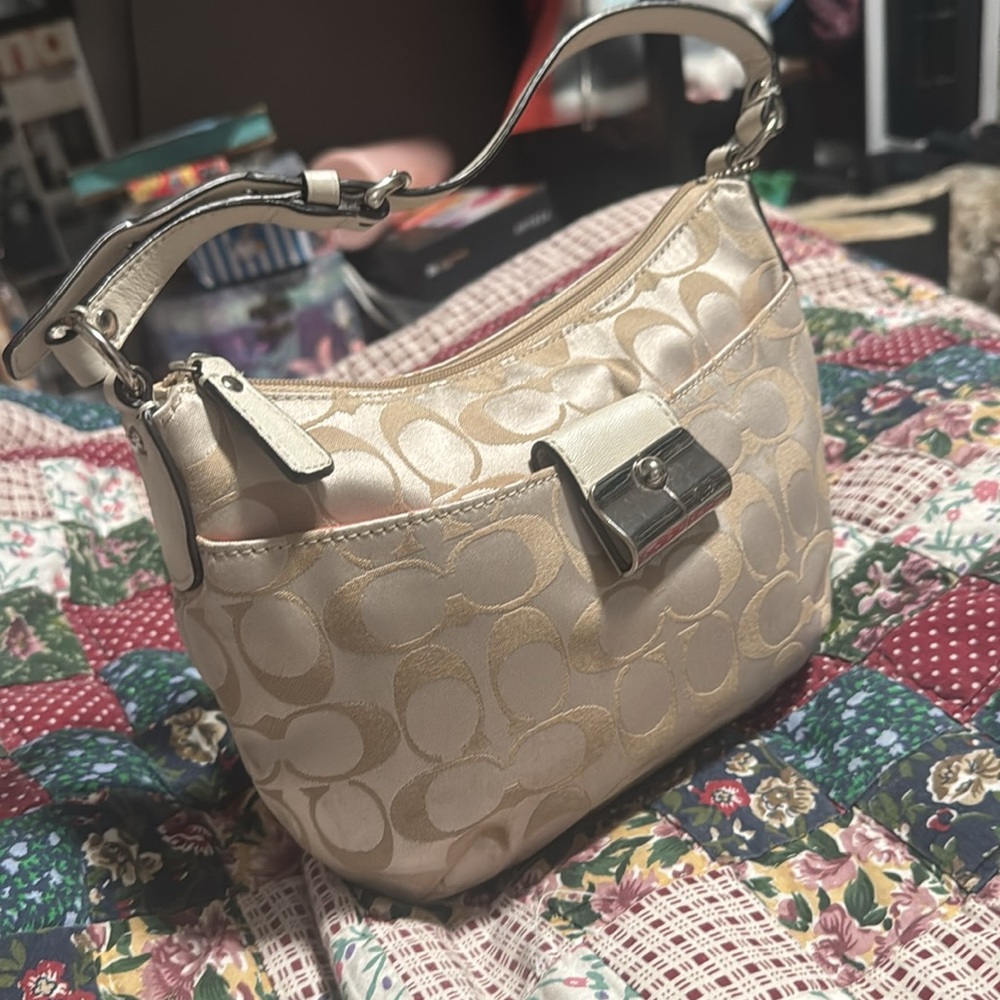 Coach Signature Beige Canvas Mini Shoulder Bag Leather Strap & Front Clip